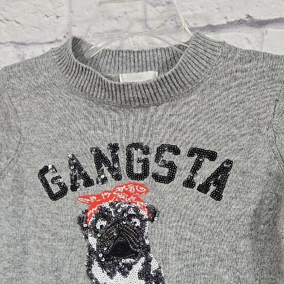 H&M Gangsta Wrapper Sequin Pug Dog Gray Crew Neck Sweater Urban Hip Christmas XS - Picture 6 of 14